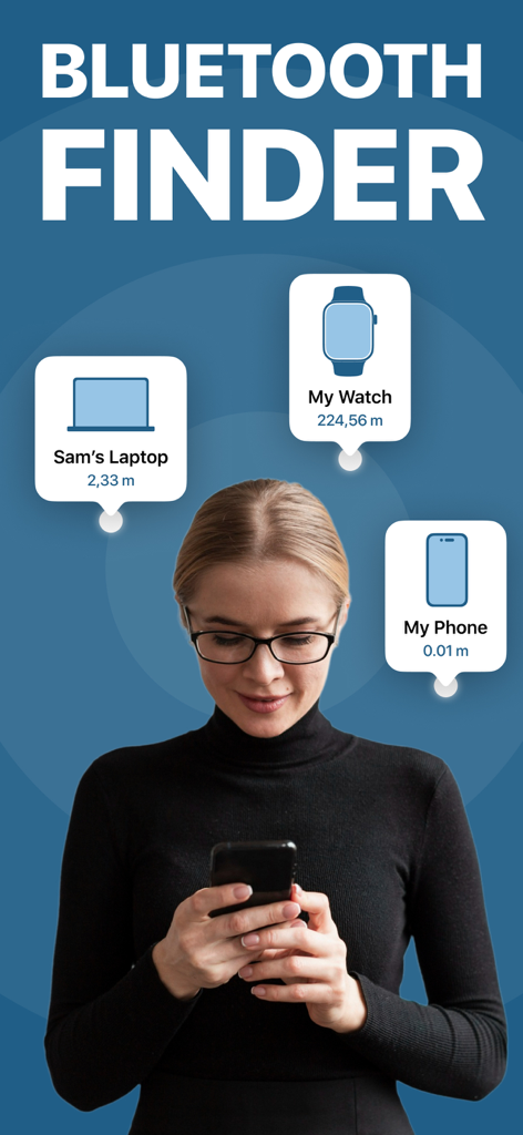 Find Air App - Device Tracker - A woman using the Find Air app to track lost Bluetooth devices like a laptop, watch, and phone with distance indicators.