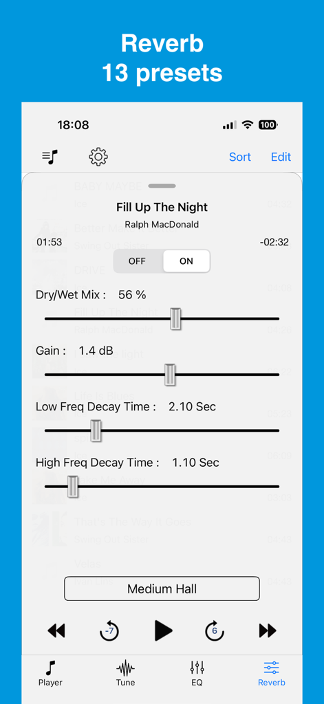 Nu-Music Player - Interfaz de Nu-Music Player que muestra la configuración de reverberación con deslizadores para mezcla, ganancia y tiempo de decaimiento.