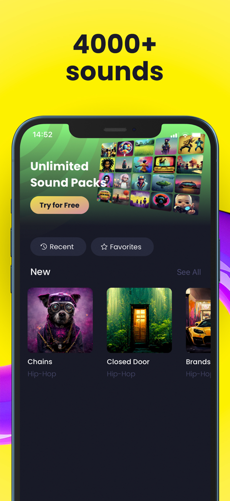 Hip-Hop Drum Pads Guru - Smartphone screen showing the Hip-Hop Drum Pads Guru app with over 4000 sounds and various sound packs like Chains and Closed Door