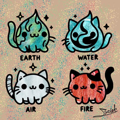 4 cats that represent the different elements, earth, water, air, and fire