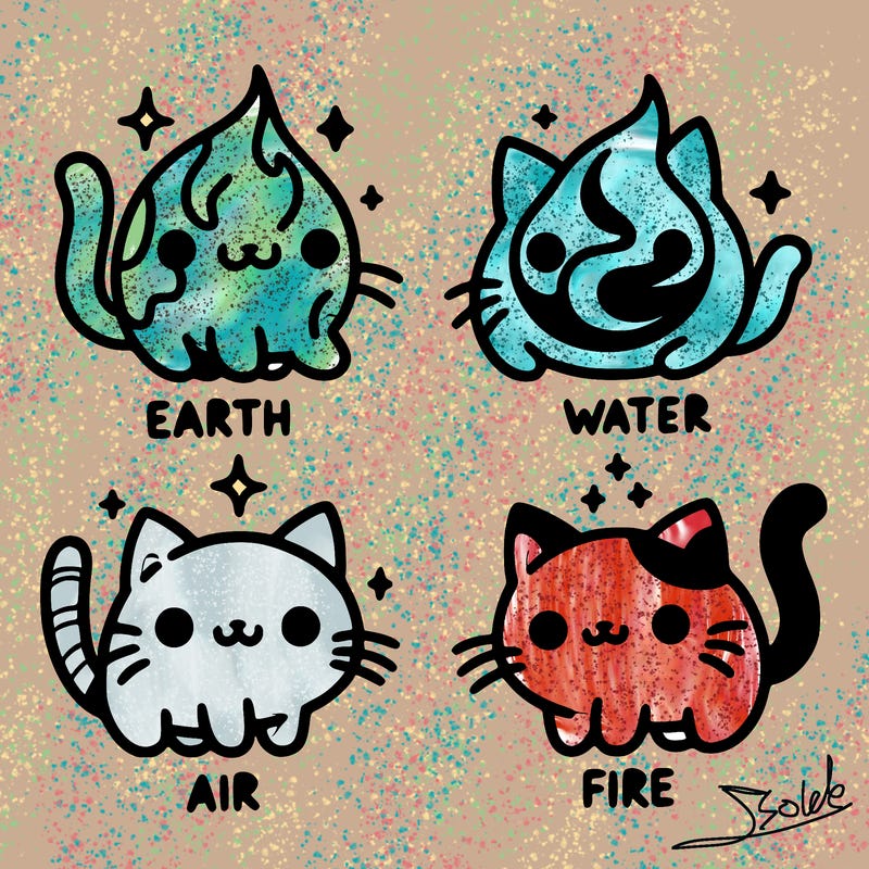 4 cats that represent the different elements, earth, water, air, and fire
