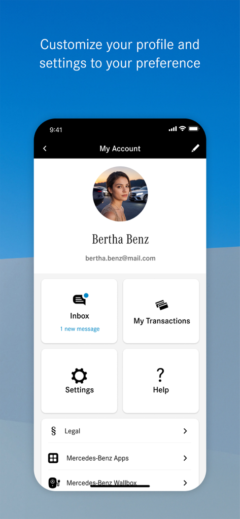User account profile and settings screen in the Mercedes-Benz app
