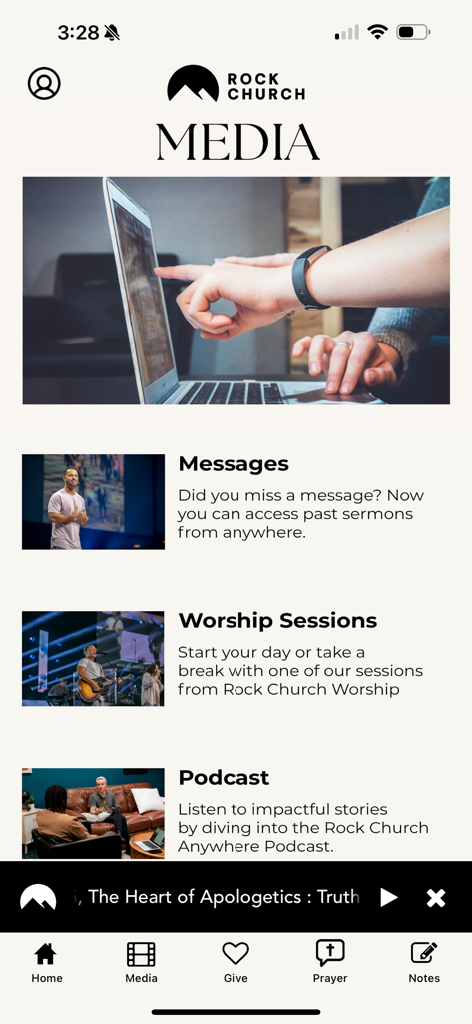 Church App - Tithe.ly - Media library interface of the Rock Church mobile app showing sermons worship sessions and podcasts