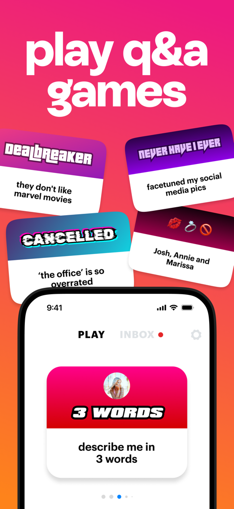 NGL app interface showing anonymous social media games like Never Have I Ever and Cancelled