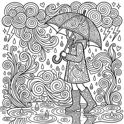 Escape into a world of swirling patterns and rainy day charm with this unique coloring page. Featuring a figure gracefully navigating a storm of spirals, it promises a truly immersive creative experience.