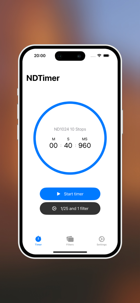 Interfaz de la aplicación móvil NDTimer que muestra un temporizador de cuenta regresiva para una exposición con filtro ND de 10 pasos.