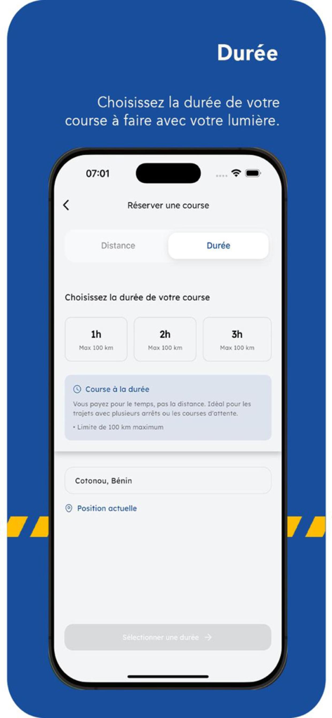 4u-for you - Interface of the 4u-for you app showing ride booking options by duration with choices for one two or three hours