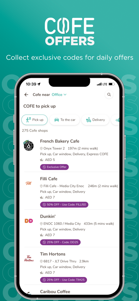 Una interfaz de aplicación móvil que muestra una lista de cafeterías con códigos de descuento diarios exclusivos y opciones de recogida.