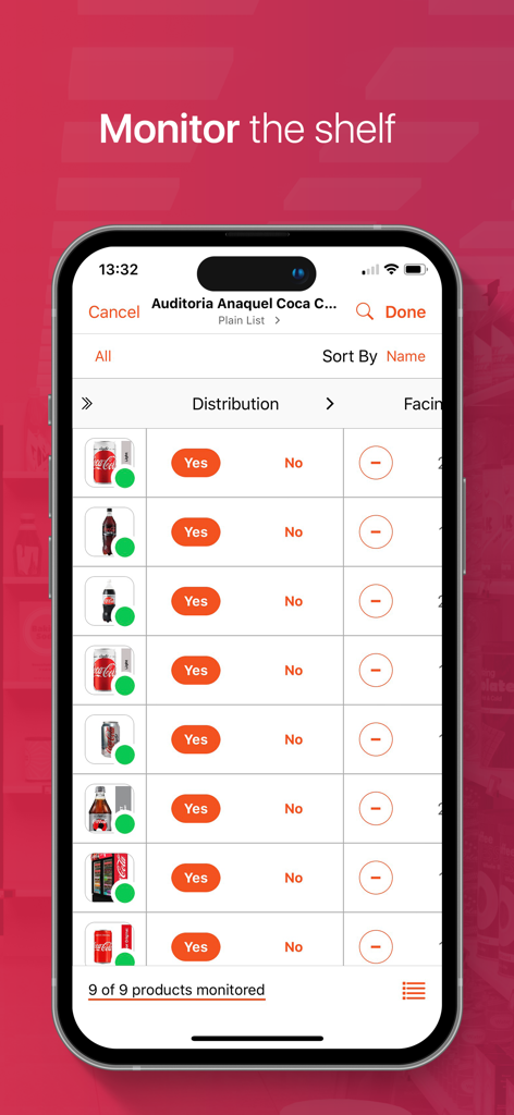 Mobile App-Oberfläche mit einer Checkliste für die Produktverteilung zur Überwachung von Einzelhandelsregalen.