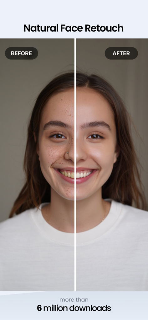 TouchRetouch - TouchRetouch 앱을 사용하여 피부 결점과 여드름을 제거하기 전후 여성 얼굴 사진 비교