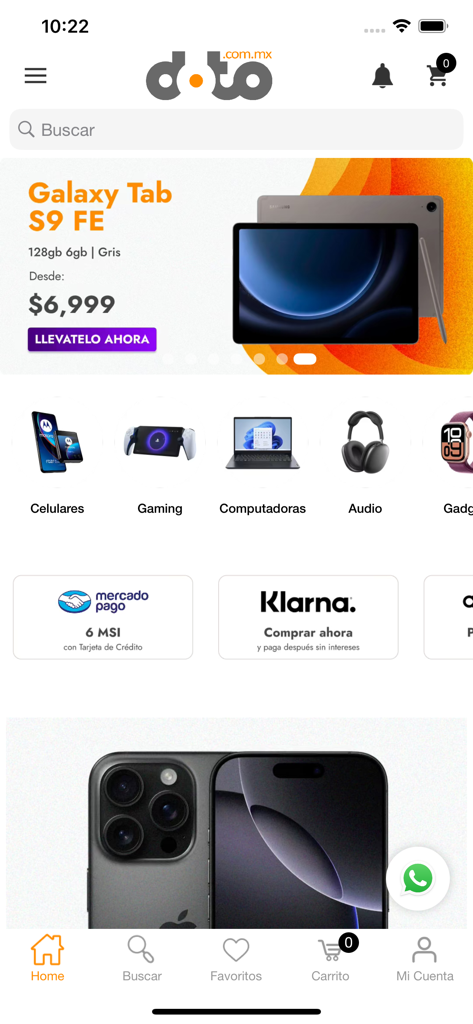 Interface do aplicativo de compras doto.com.mx mostrando categorias de tecnologia como celulares, games e computadores, juntamente com ofertas atuais de eletrônicos