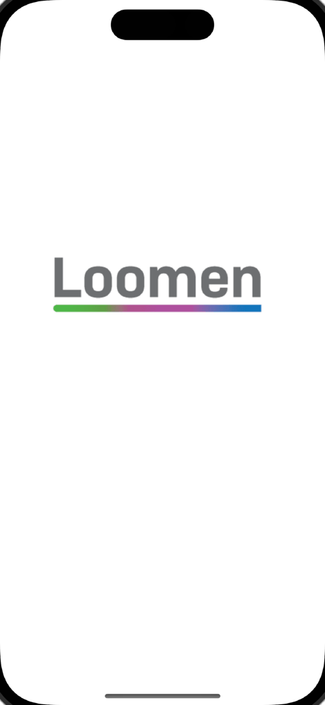 Loomen mobilna aplikacija - Loomen app splash screen showing the logo with a colorful underline.