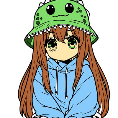 girl with anime shaped eyes with a dinosaur bucket hat oversized sweatshirt long straight hair