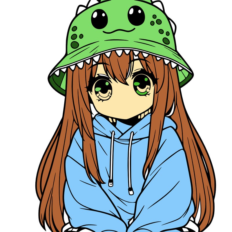 girl with anime shaped eyes with a dinosaur bucket hat oversized sweatshirt long straight hair
