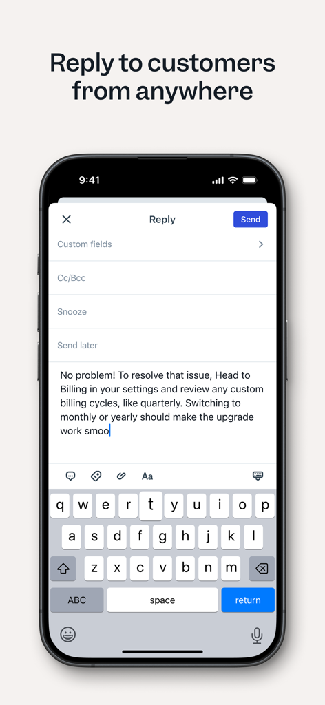 Help Scout - Help Scout mobile app interface showing a customer reply being drafted with an on screen keyboard
