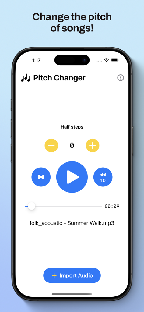 Interface of the MP3 Pitch Changer app showing buttons to adjust half steps and play audio files