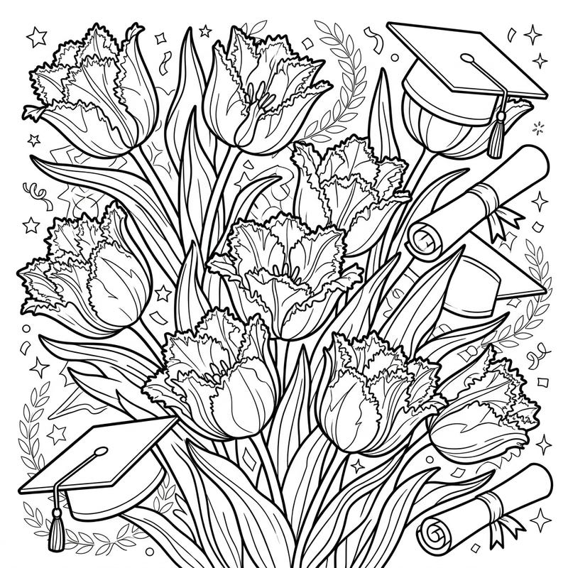 Honor academic achievements with this beautiful coloring page featuring elegant fringed tulips intertwined with festive graduation elements. It's the perfect artistic tribute to mark a momentous occasion and congratulate a special graduate.