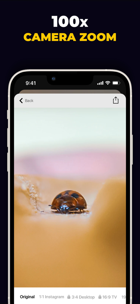 Pantalla de smartphone mostrando la aplicación Super Photo Zoom con una toma macro de zoom de cámara de 100x de una mariquita.