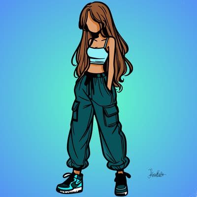 girl in baggy pants crop top and long hair