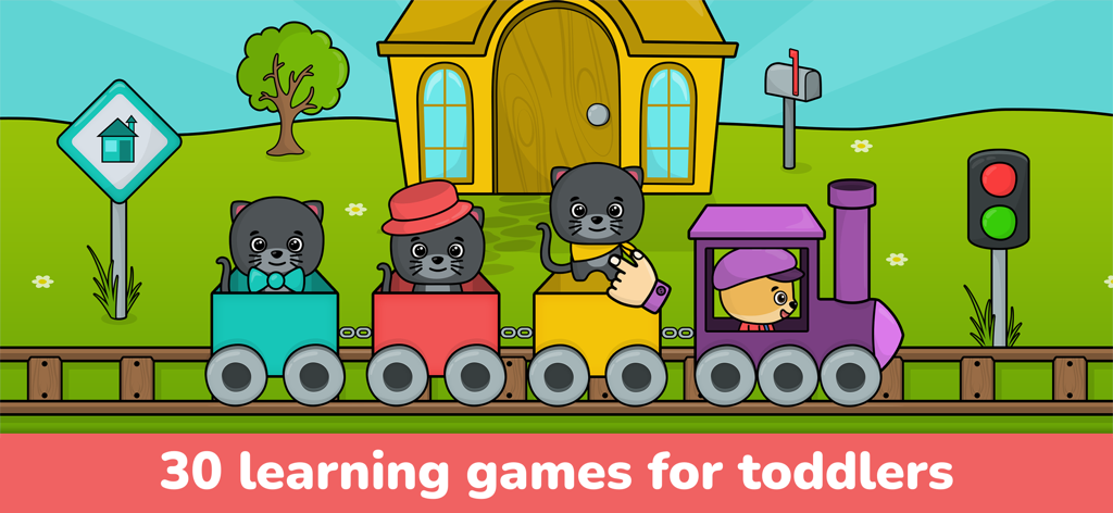 Colorful cartoon train with cats in a learning game for toddlers