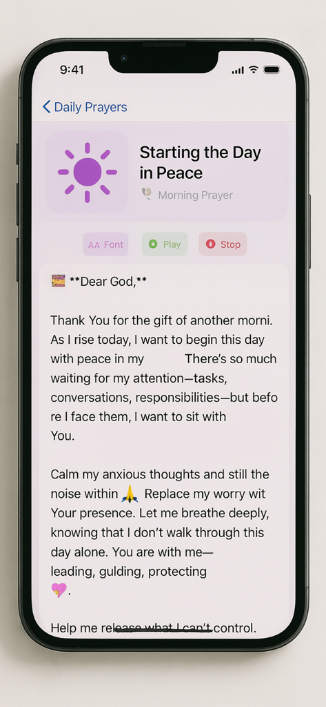 Uma tela do aplicativo Devocional Diário Para Mulheres exibindo uma oração matinal pela paz.