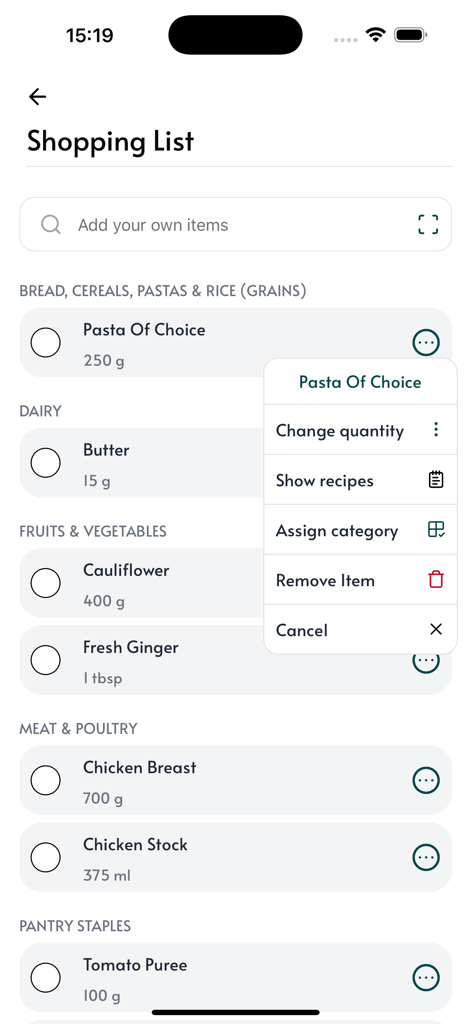 Mobile app screen showing a categorized grocery shopping list with food items like butter cauliflower and chicken breast
