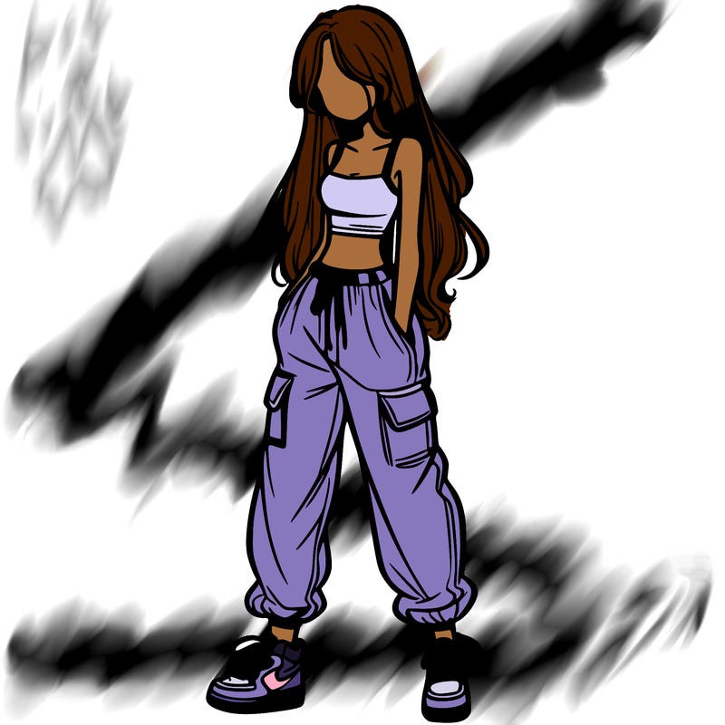 girl in baggy pants crop top and long hair