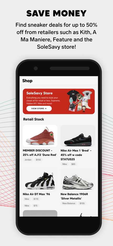 DROPS by SoleSavy - Sneakers - Interface of the DROPS by SoleSavy app showing retail sneaker stock and member discounts on brands like Nike and Jordan