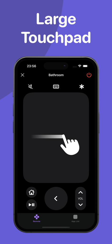 Interfaz de la aplicación Roku Remote que muestra un gran panel táctil para la navegación por gestos