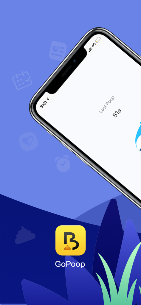 Icône de l'application GoPoop et écran d'iPhone affichant un minuteur de suivi des selles.