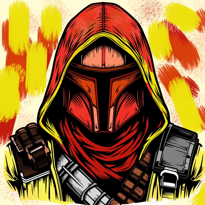 realistic warrior bounty hunter with mask and hood on