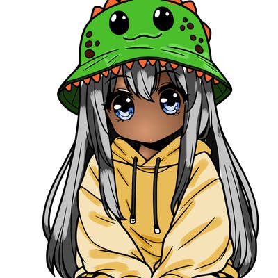 girl with anime shaped eyes with a dinosaur bucket hat oversized sweatshirt long straight hair