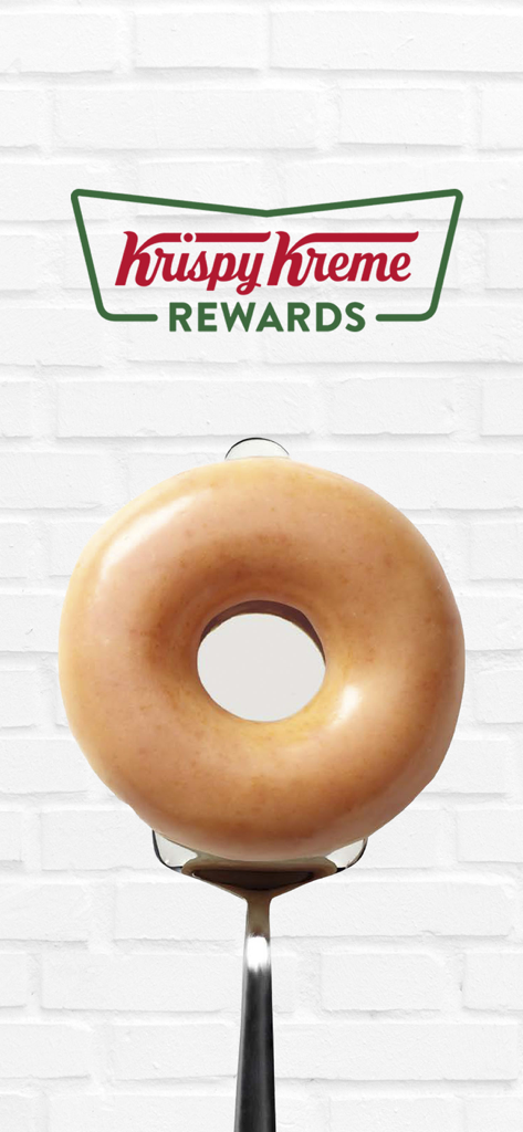 Krispy Kreme México - Krispy Kreme Rewards logo above a glazed donut on a fork with a white brick wall background
