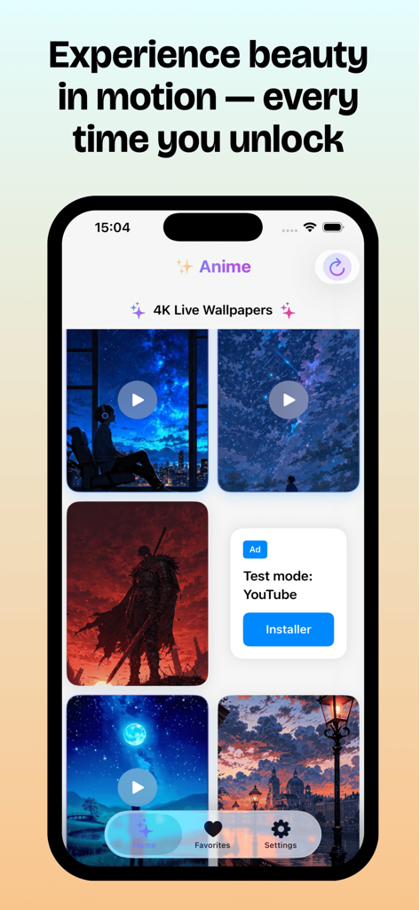 Anime Live wallpaper 4k - Interface of the Anime Live wallpaper 4k app showcasing a variety of high quality animated backgrounds on an iPhone screen