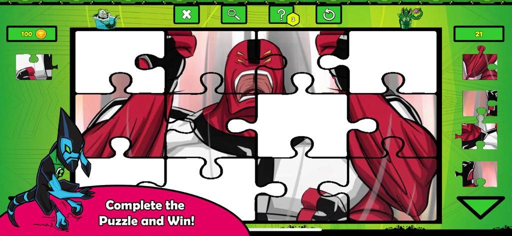 Ben Alien 10 Trivia - A jigsaw puzzle gameplay screen from Ben Alien 10 Trivia featuring a red four-armed alien character.