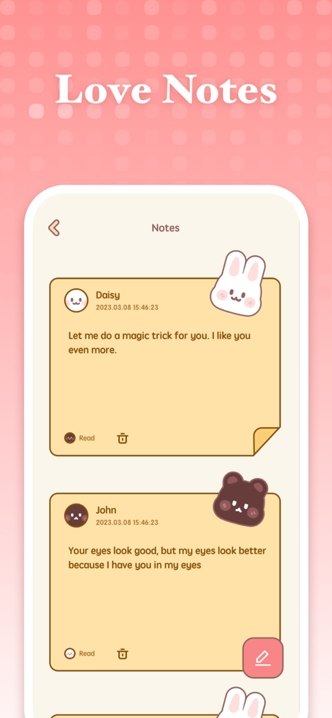 Love Days Counter - Love Home - A mobile app screen titled Love Notes showing digital sticky notes with cute bunny and bear stickers containing romantic messages between partners