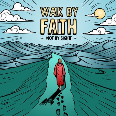 envision a narrow path stretching across a vast desert landscape%2c with towering sand dunes on either side. the hot sun beats down relentlessly%2c casting long shadows across the shifting sands. yet amidst the barren expanse%2c a solitary figure walks confidently forward%2c eyes fixed on the unseen horizon. footprints mark the path behind%2c a testament to the journey of faith. bold hollow letters in the sky proclaim%3a "walk by faith%2c not by sight." - 2 corinthians 5%3a7