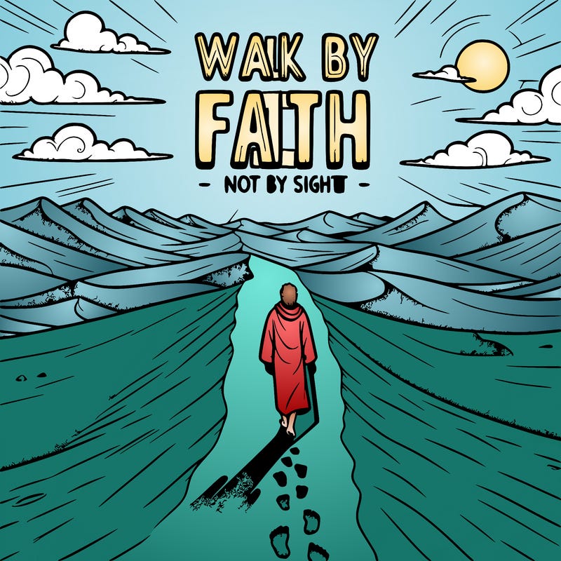 envision a narrow path stretching across a vast desert landscape%2c with towering sand dunes on either side. the hot sun beats down relentlessly%2c casting long shadows across the shifting sands. yet amidst the barren expanse%2c a solitary figure walks confidently forward%2c eyes fixed on the unseen horizon. footprints mark the path behind%2c a testament to the journey of faith. bold hollow letters in the sky proclaim%3a "walk by faith%2c not by sight." - 2 corinthians 5%3a7