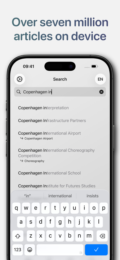 Omnipedia—Offline Encyclopedia - Omnipedia app search interface showing seven million articles available offline.