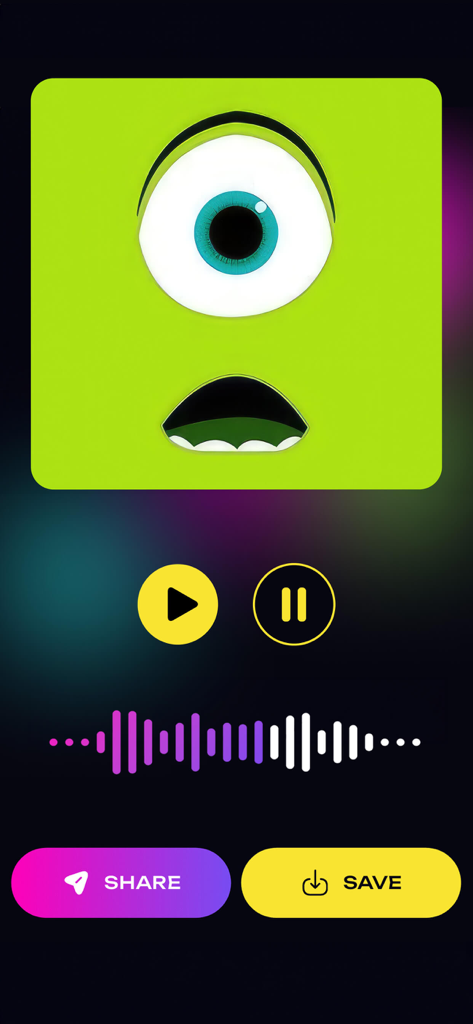 Interfaz de la aplicación Funny Voice Changer con un personaje de dibujos animados verde con un ojo y controles de audio