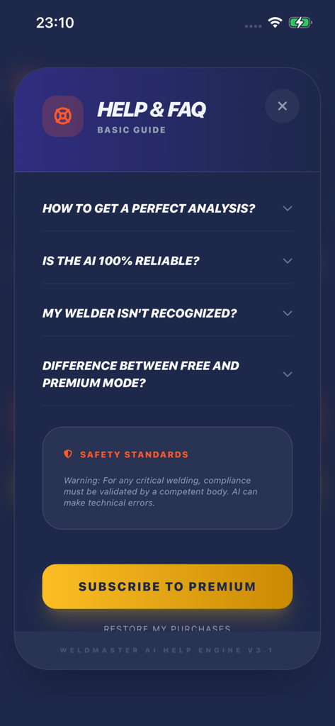 Weldmaster AI - Tela de Ajuda e FAQ do aplicativo Weldmaster AI apresentando perguntas comuns e um botão de assinatura premium