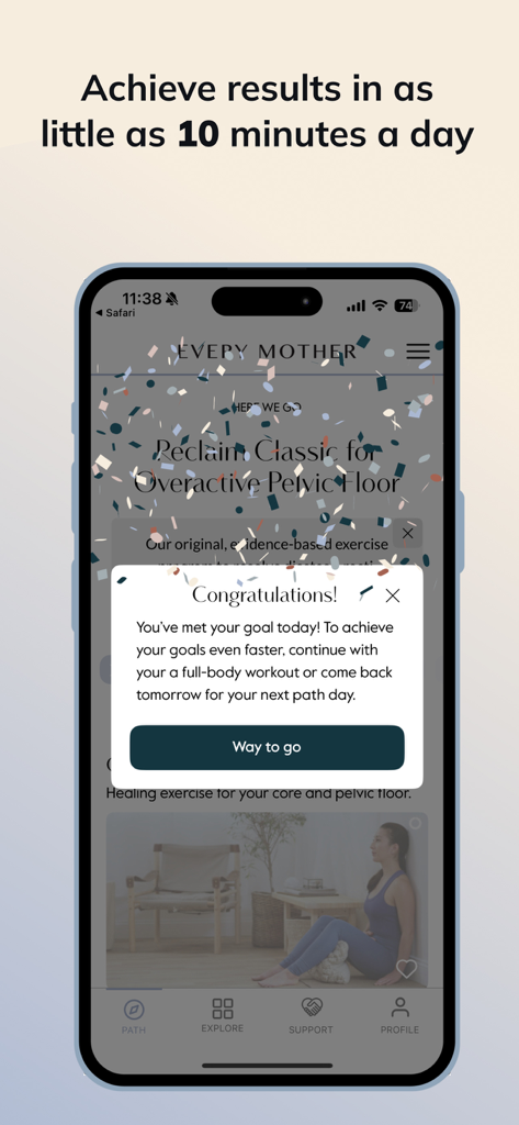 Every Mother app showing a congratulations message for meeting a daily exercise goal with confetti animation.