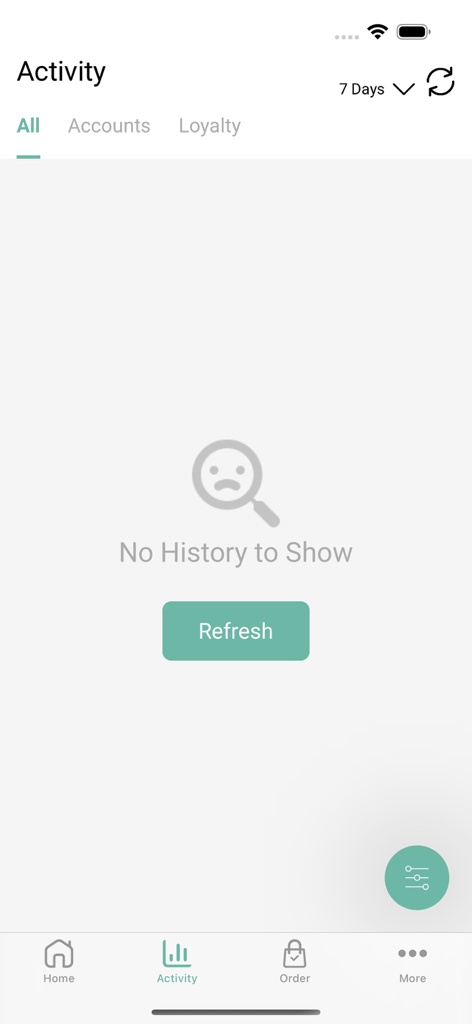 Boxed CP app activity screen showing no order history
