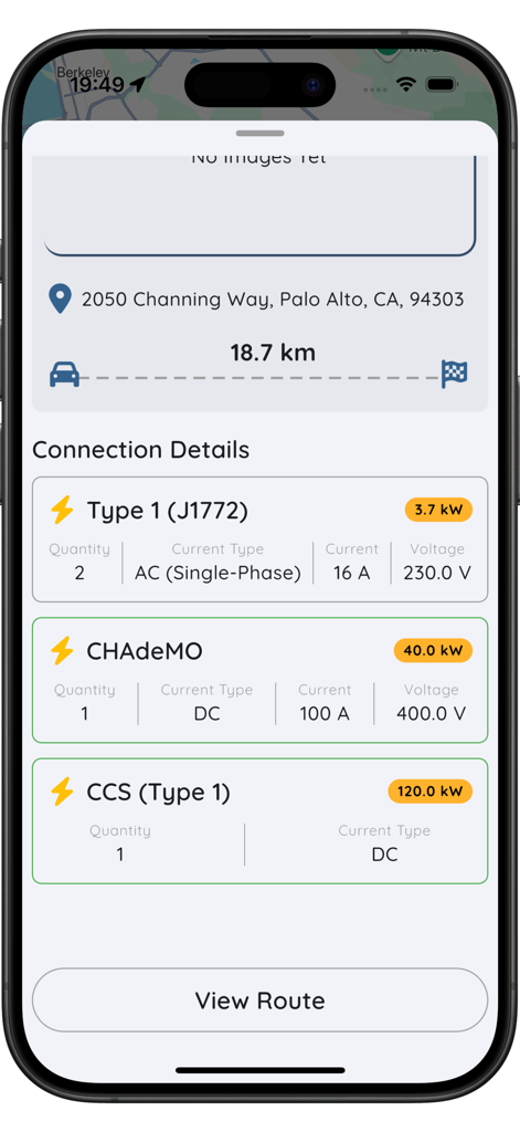 QuickCharge: EV Charging Map - Interfaz de la aplicación QuickCharge que muestra especificaciones detalladas del conector de carga de VE y la potencia de salida de una estación en Palo Alto
