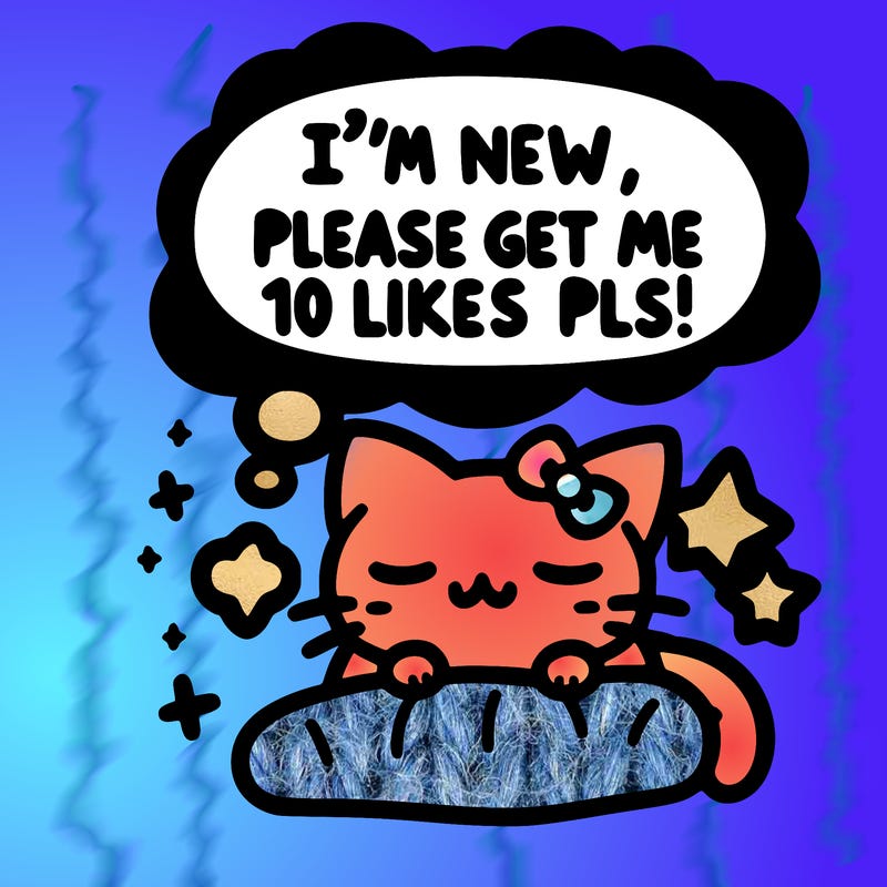 kitty taking a nap dream talking and saying "i'm new, please get me at least 10 likes pls!!"