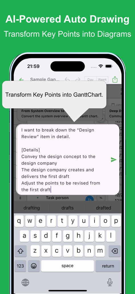 GanttchartAI: GanttChart by AI - AI搭載の自動描画機能を示すモバイルインターフェイス。自然言語テキストをダイアグラムに変換します。