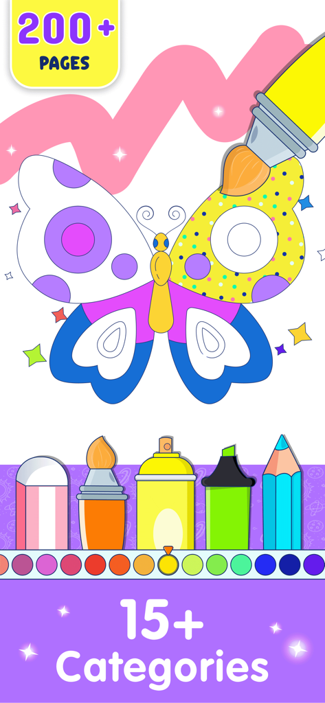 Drawing App Kids Coloring Book - Una mariposa siendo coloreada en una aplicación de dibujo para niños con varias herramientas de pintura y una paleta de colores
