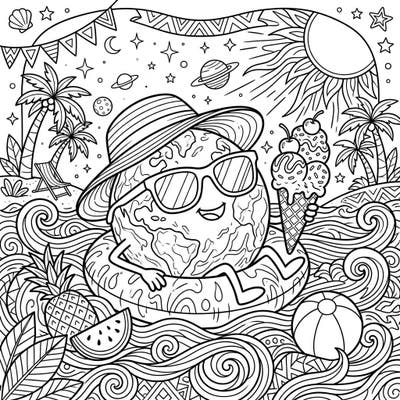 Embark on an out-of-this-world summer adventure with this vibrant Super-Earth coloring page. Discover a cheerful planet enjoying a cosmic beach vacation, complete with ice cream, sun, and swirling ocean waves.