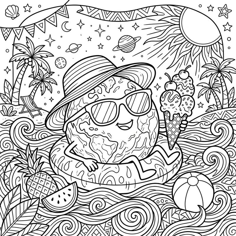 Embark on an out-of-this-world summer adventure with this vibrant Super-Earth coloring page. Discover a cheerful planet enjoying a cosmic beach vacation, complete with ice cream, sun, and swirling ocean waves.