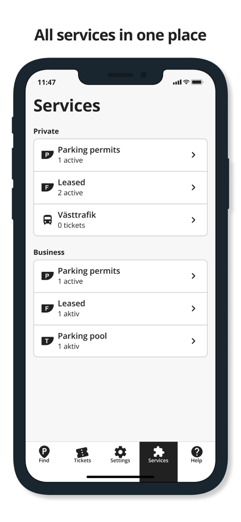 Parkering Goteborg app services screen showing private and business categories with options for parking permits and leased parking.